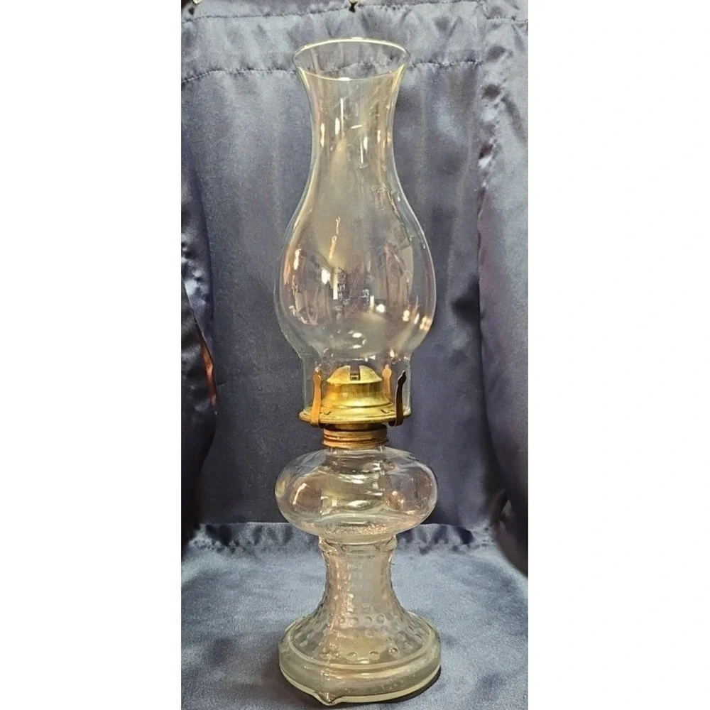 Vintage Clear Hobnail Glass Kerosene Oil Lamp with Chimeny shade; J-2090